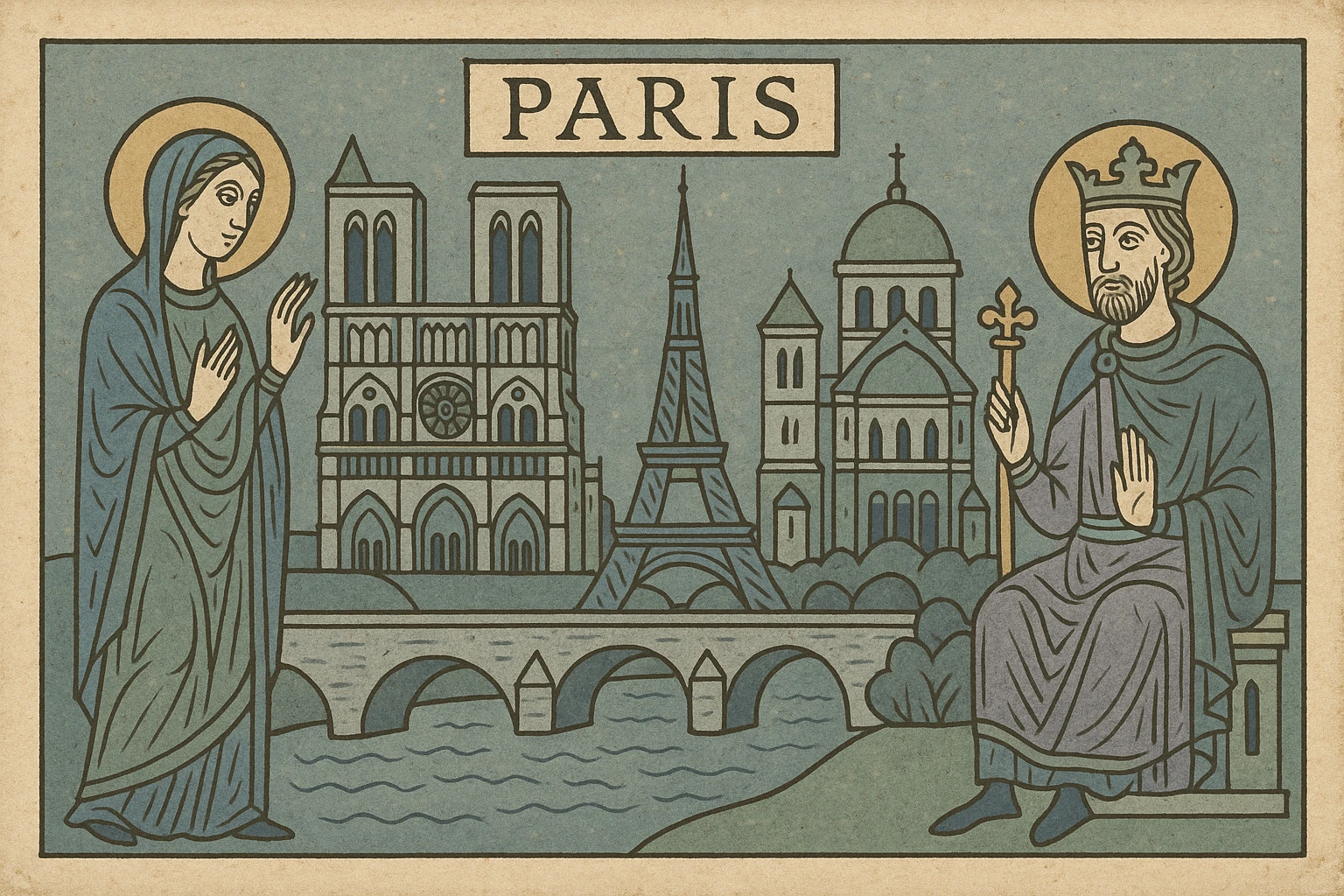 vintage postcard view of Paris, old paper textures, soft shadows, warm tones, slightly faded, elegant border, classic Paris landmarks, nostalgic color palette, subtle creases, retro look, antique paper texture emoji