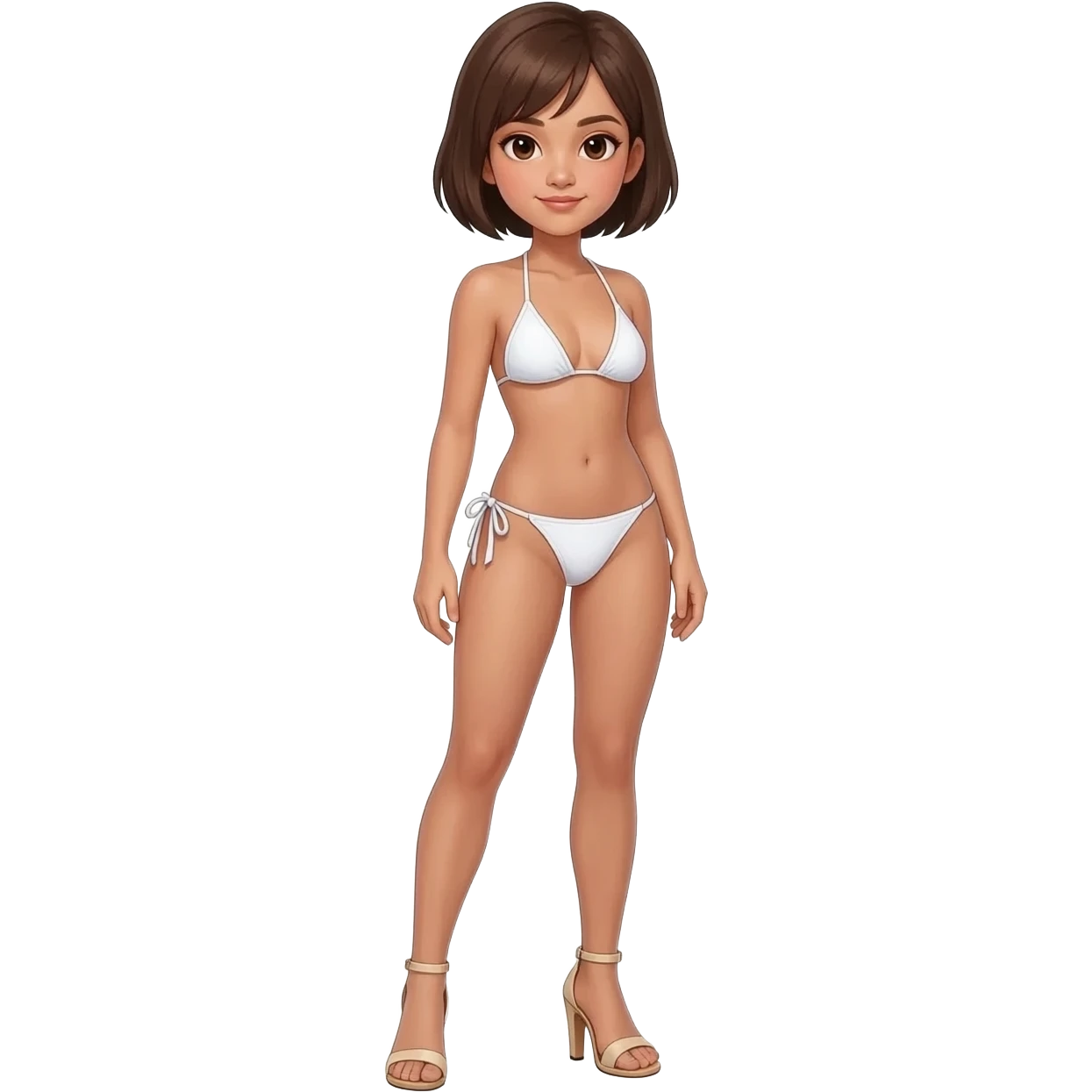 Filipino girl white triangle top bikini and tie tanga bikini bottom full body slim stand straight with high heels sandals brown short hair emoji