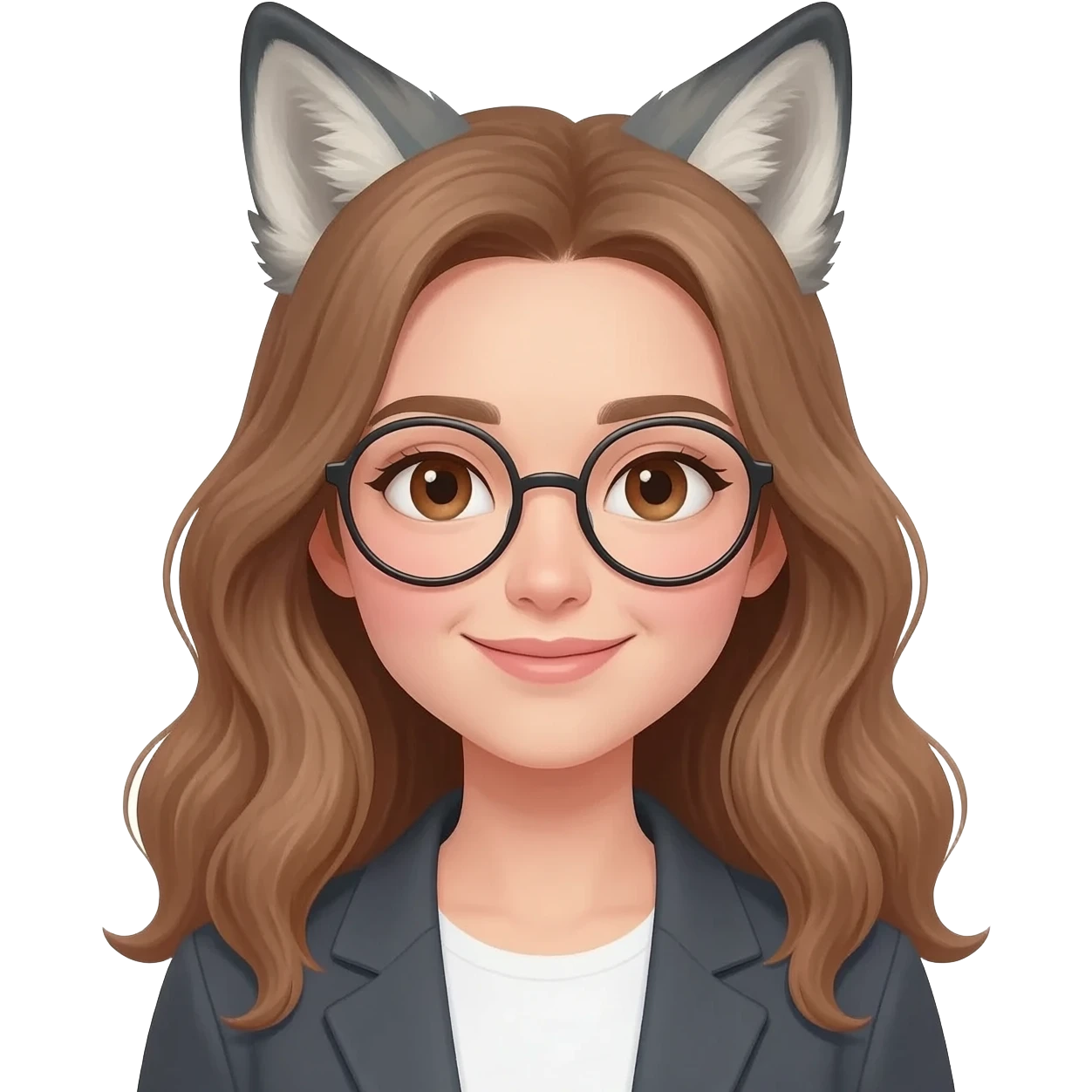 detailed emoji illustration of a woman with long light brown wavy hair and light brown eyes wearing round glasses, with wolf ears on top of her head, cute fantasy emoji style emoji