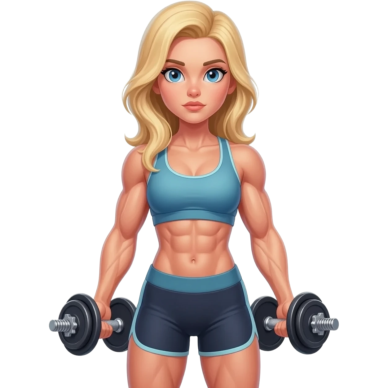 White beautiful fitness women with blonde hair and blue eyes with dumbbells in their hands emoji