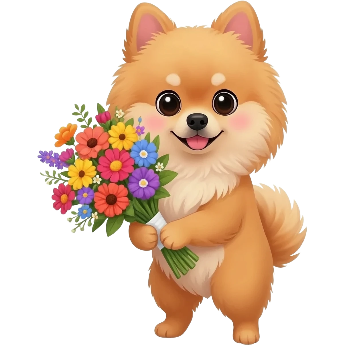 Pomeranian puppy holding flowers emoji