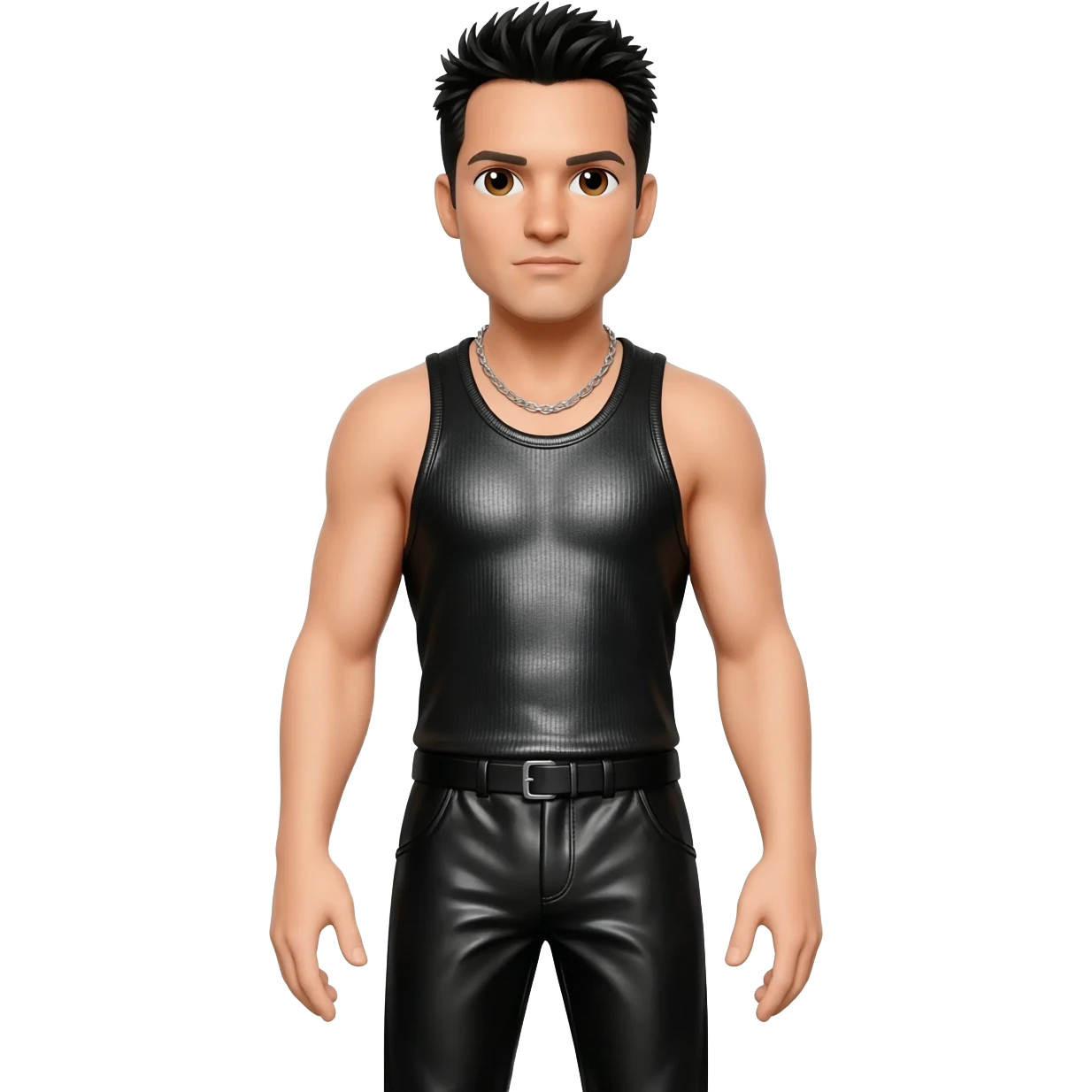 Danny Wood from NKOTB with brown eyes, black hair, black metallic tank top, black metallic baggy pants, silver necklace emoji