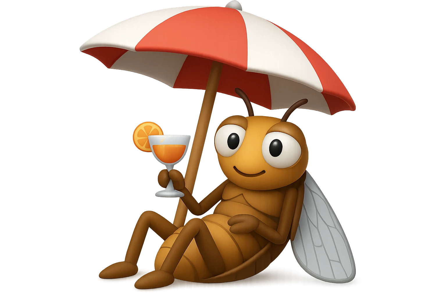 EMOJI STILE IPHONE 3D DI UNA CICALA CHE STA RILASSATA SEDUTA SOTTO L'OMBRELLONE IN SPIAGGIA CON UN COCKTAIL IN MANO, FAGLI GLI OCCHI CON LA PARTE BIANCA, NON SOLO LA PUPILLA emoji