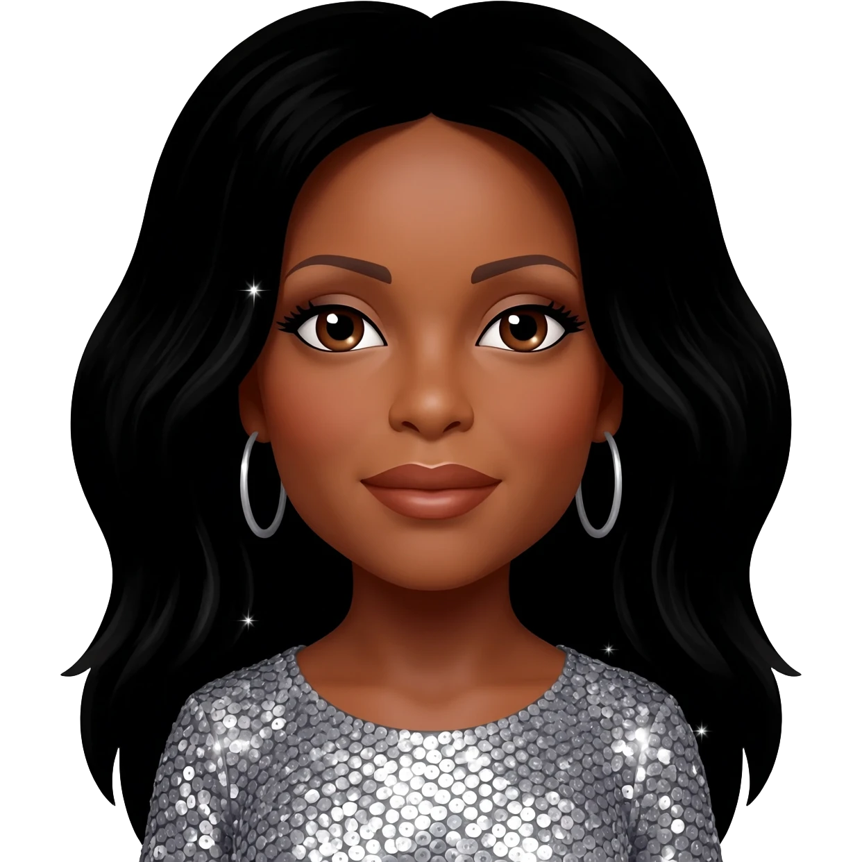 Diana Ross with brown eyes, long black hair, silver sequin outfit emoji