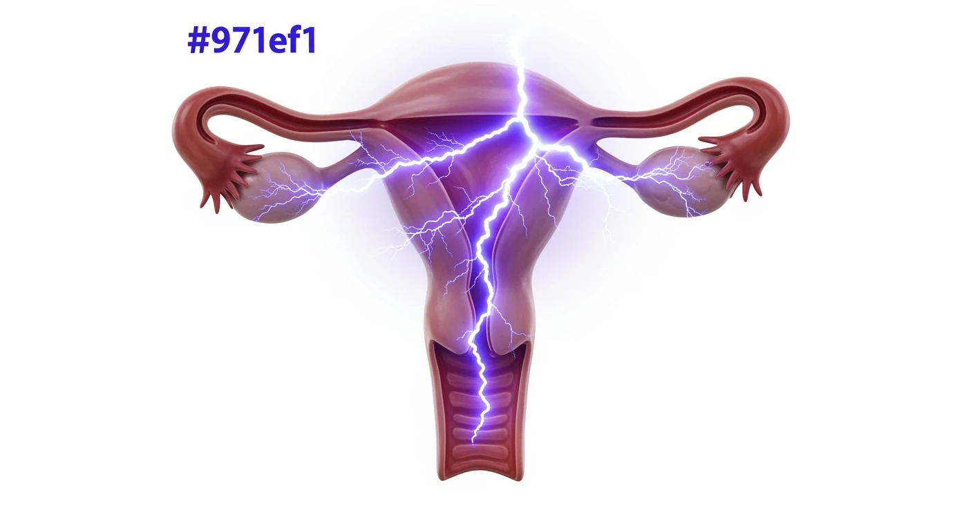 utero umano anatomico iperrealistico con fulmine di dolore sopra con questo colore: #971ef1, isolato su sfondo bianco, iperrealistico 4k emoji
