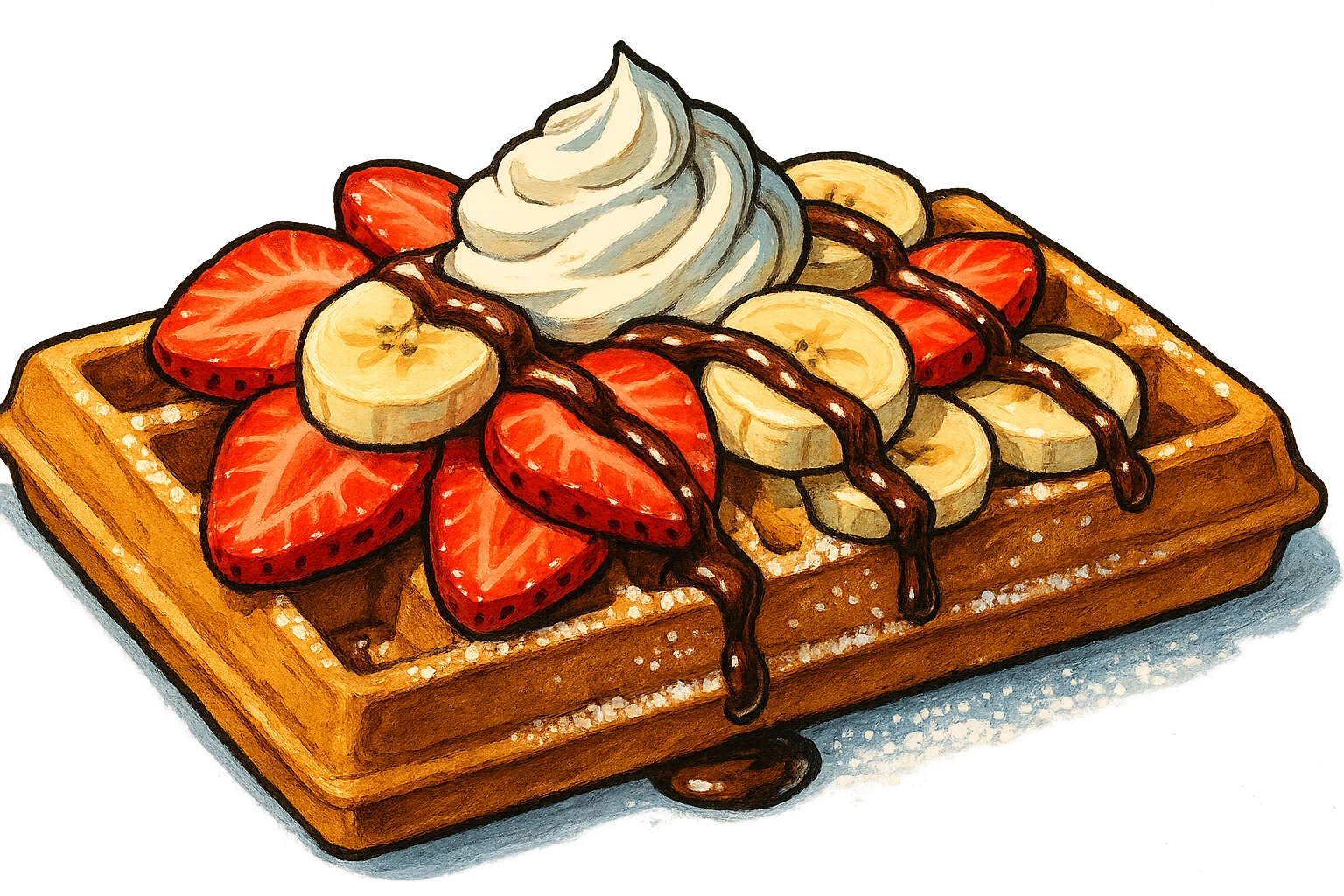 В слегка рисованном, но при этом ярком и объемном стиле с четкими линиями составь фотореалистичную композицию, где горизонтально лежит классическая брюссельская вафля с нарезанной клубникой и бананом, сливочными кремом, политая шоколадом и посыпанная сахарной пудрой, профессиональный свет, подчеркивающий объем, сделай картинку более широкой, прозрачный фон emoji