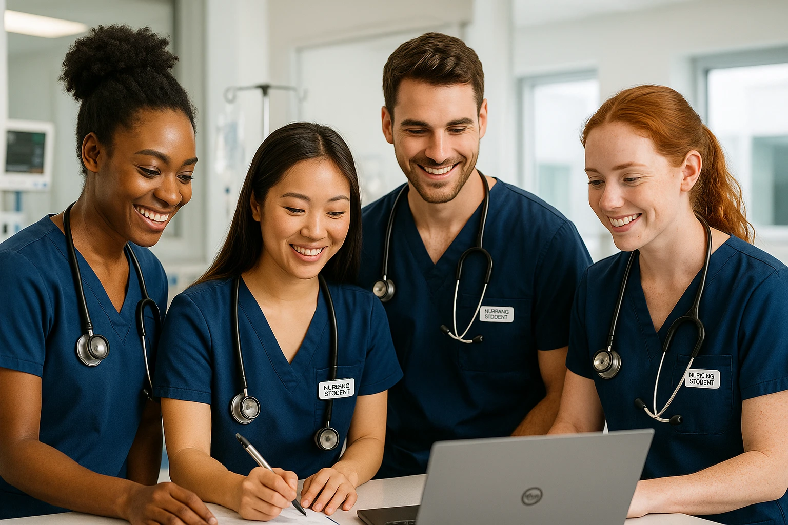 four student nurses working together, diverse group, collaborative, medical uniforms, friendly, hospital setting, modern, clear details emoji