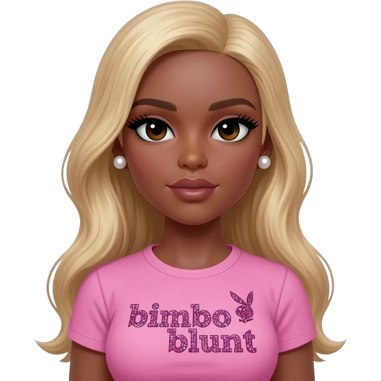doll body , dark brown eyebrows, dark skin girl, pearl earrings stud, Long giant lashes, bimbo, black doll eyes, barbie, dark brown skin, with blonde hair, big breast, pink 2000s t shirt says on the sparkling text “bimbo blunt” on playboy logo emoji