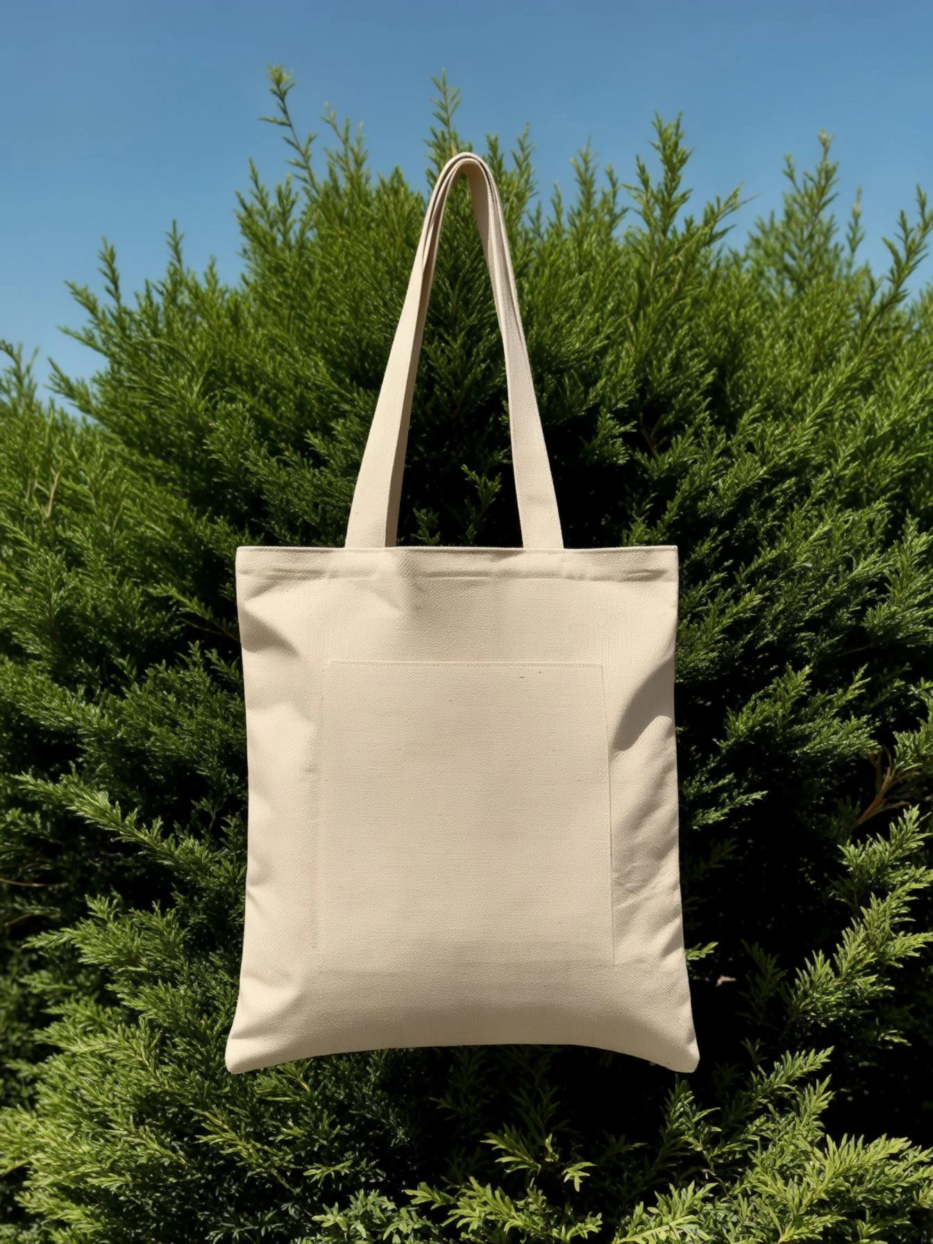 High-resolution mockup of a minimalist canvas tote bag, placed perfectly centered on the canvas. The tote bag is made of natural cotton fabric, light beige color, with a simple and elegant look. Background features a deep green organic bush, clean blue sky above, bright daylight, emoji