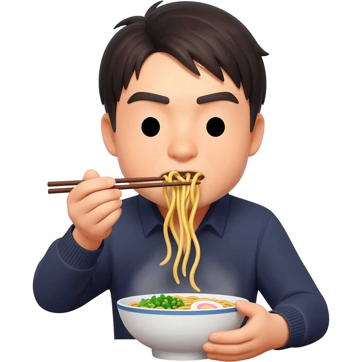 Japanese guy with eyes resembling two slashes. Eating ramen emoji