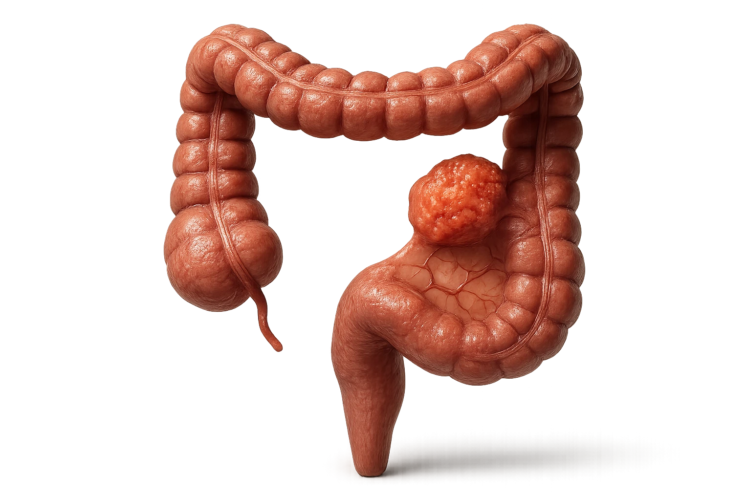 colon umano anatomico realistico malato di cancro, fai un punto visibile in cui si nota proprio la massa tumorale,+ iperrealistico 4k emoji
