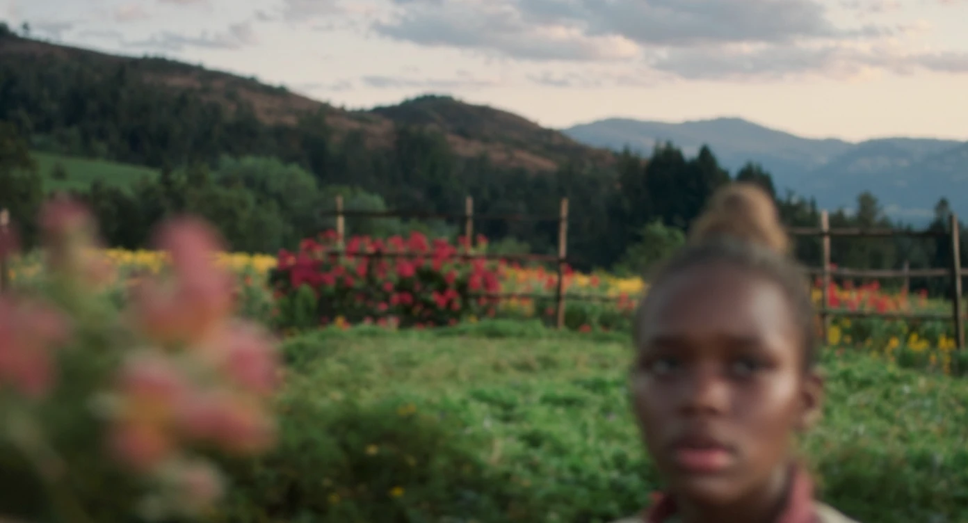 A portrait of a person in the foreground, blurred plants in the foreground, a wooden fence and colorfull flowers in the midground, rolling hills in the background, cinematic depth of field, layered composition, natural lighting emoji