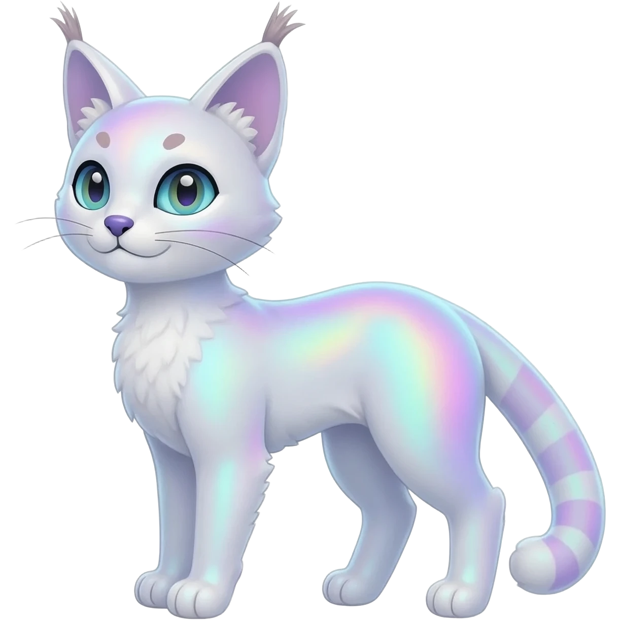 iridescent white glorious divine exotic cute cool beautiful shiny beautiful fantasy-caracal-civet-genet-sergal-vernid-Cacomistle-oncilla-animal-Fakémon-hybrid-fursona (full body) emoji