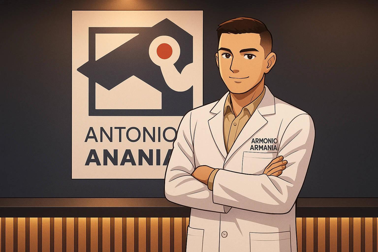 su questo stile fai un manga/webtoon a colori in cui mostri quella parete dietro dello studio con il suo logo e la scritta "ANTONIO ANANIA" SOTTO IL LOGO, LUCE CHE ILLUMINA IL LOGO emoji