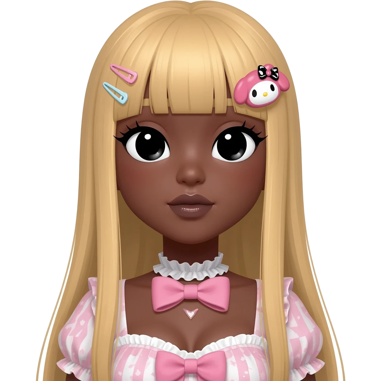 Gyaru makeup, my melody hairclip, cutecore, doll eyes, Doll, big chest, dark brown skin, with straig htened long blonde hair,  black cute eyes, cute lips with Gyaru outfit emoji
