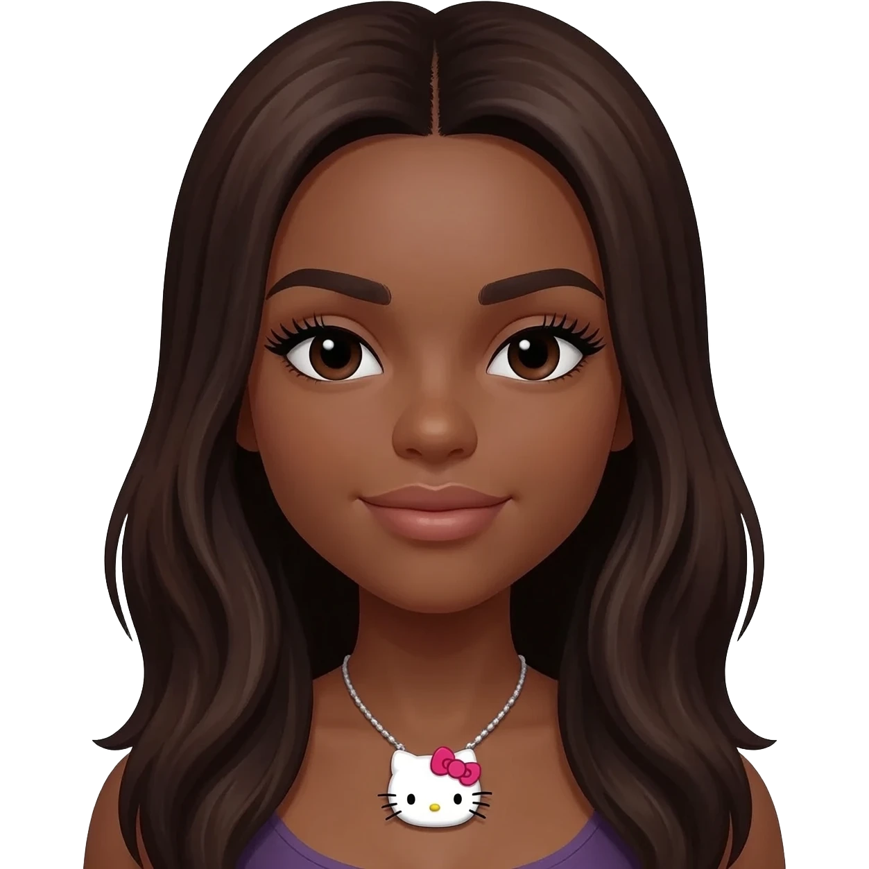 long middle part with long dark brown hair, dark brown skin, hello kitty necklace with lashes emoji