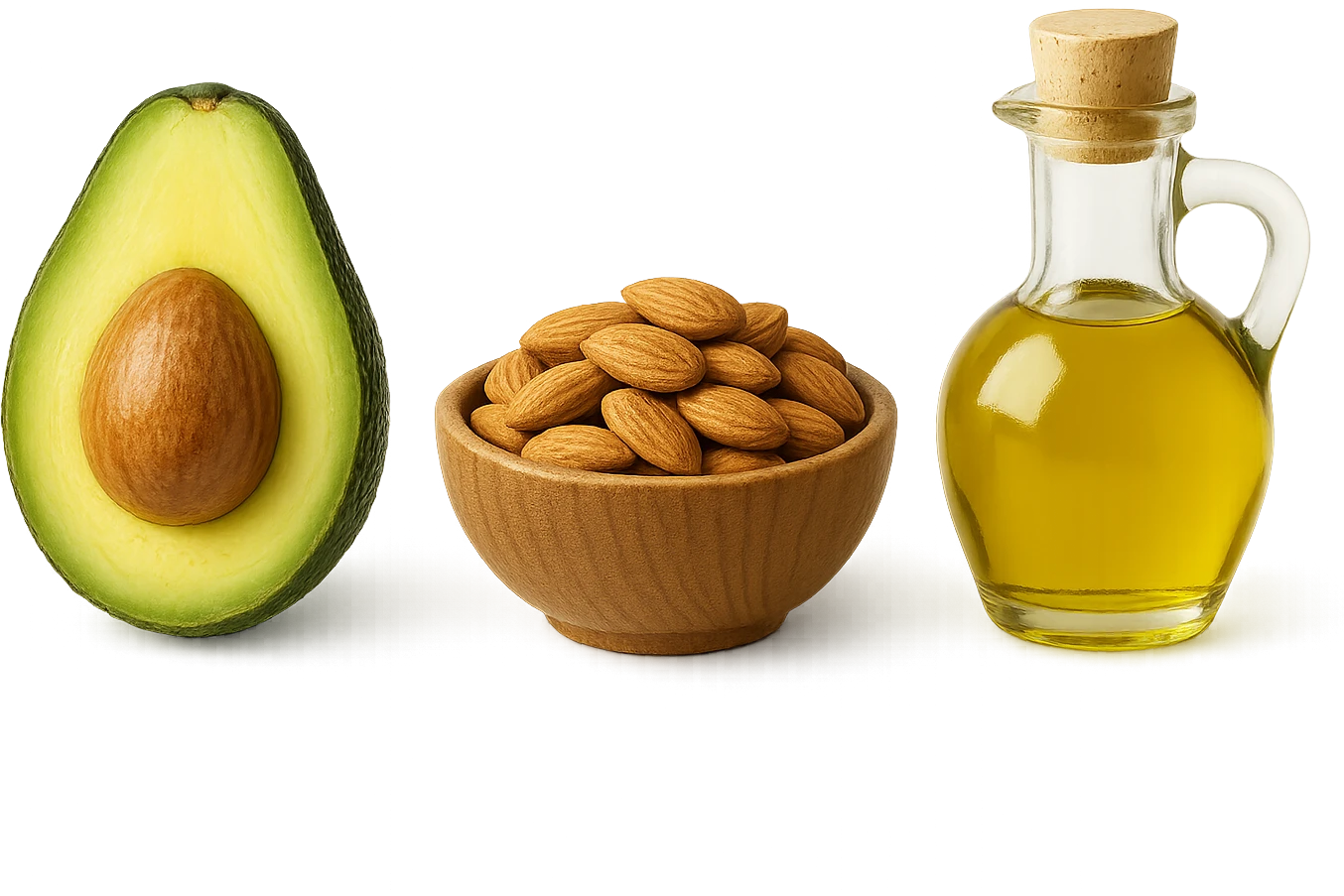 AVOCADO, BOWL DI MANDORLE E OLIO DI OLIVA, iperrealistico 4k, ISOLATA SU SFONDO BIANCO emoji