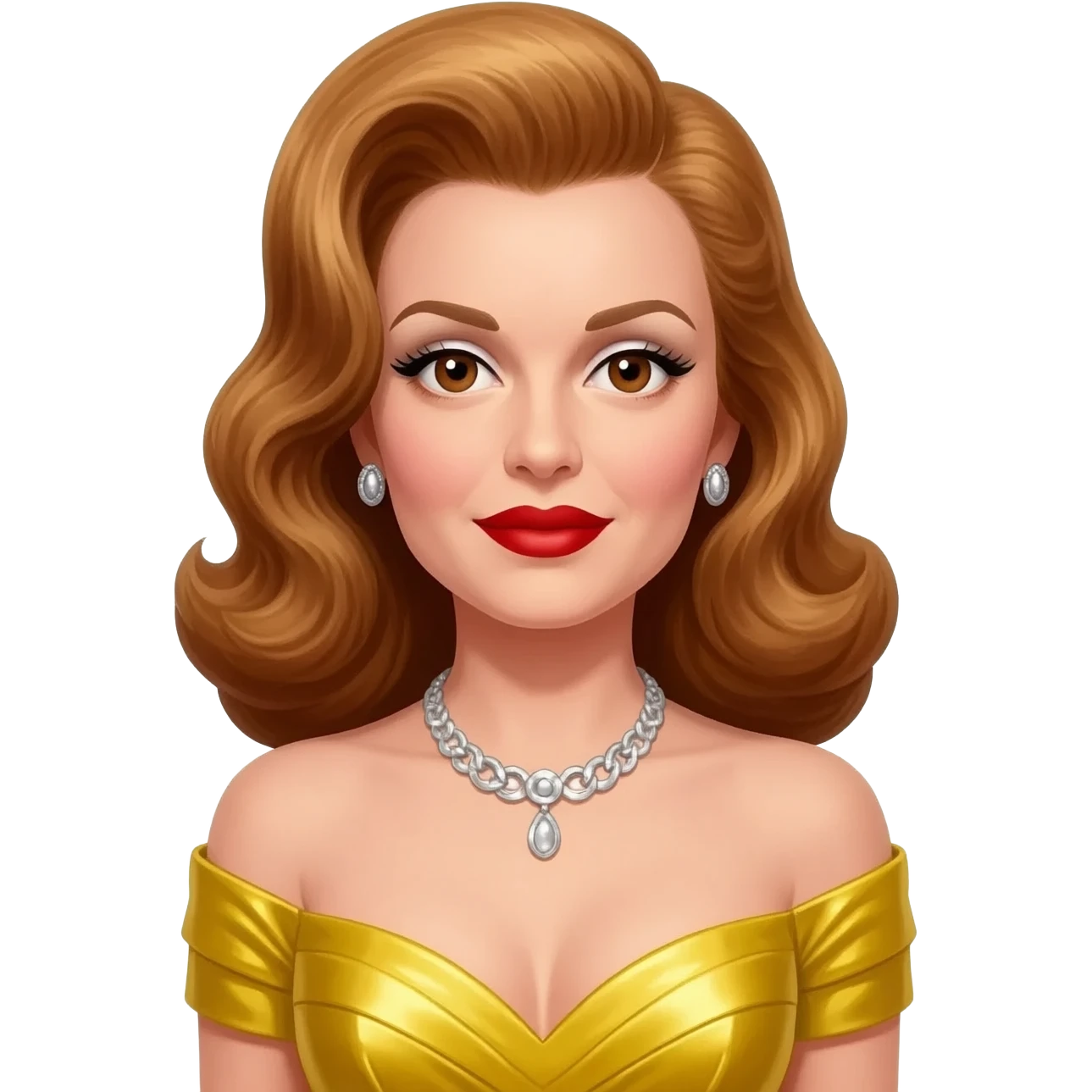 Judy Garland with brown eyes, long golden brown hair, white eyeshadow, red lipstick, yellow metallic off shoulder dress, silver necklace and earrings emoji