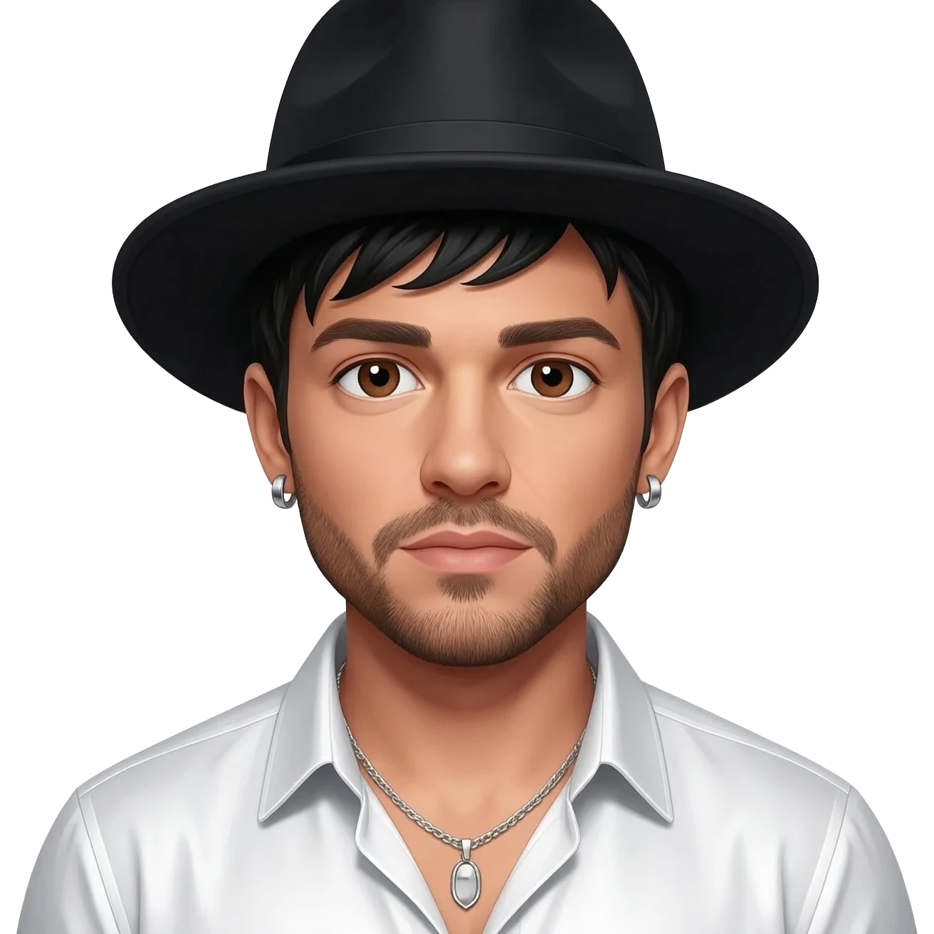 AJ McLean from Backstreet Boys with brown eyes, black hair and short beard, black hat, white metallic shirt silver necklace with short earrings emoji
