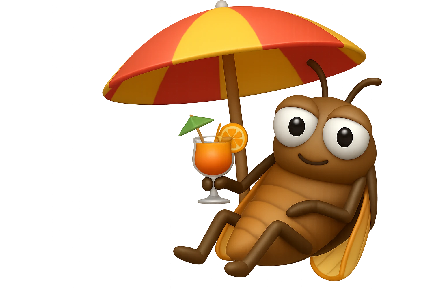 EMOJI STILE IPHONE 3D DI UNA CICALA CHE STA RILASSATA SEDUTA SOTTO L'OMBRELLONE IN SPIAGGIA CON UN COCKTAIL IN MANO, FAGLI GLI OCCHI CON LA PARTE BIANCA, NON SOLO LA PUPILLA emoji