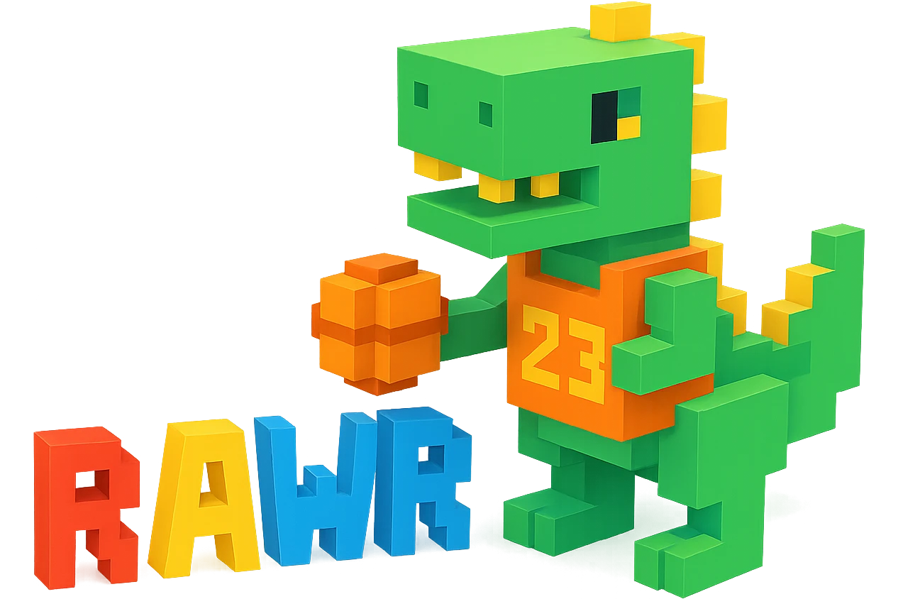 надпись "RAWR" и динозавр с баскетбольном мячом в майке с надписью "23", no background  emoji