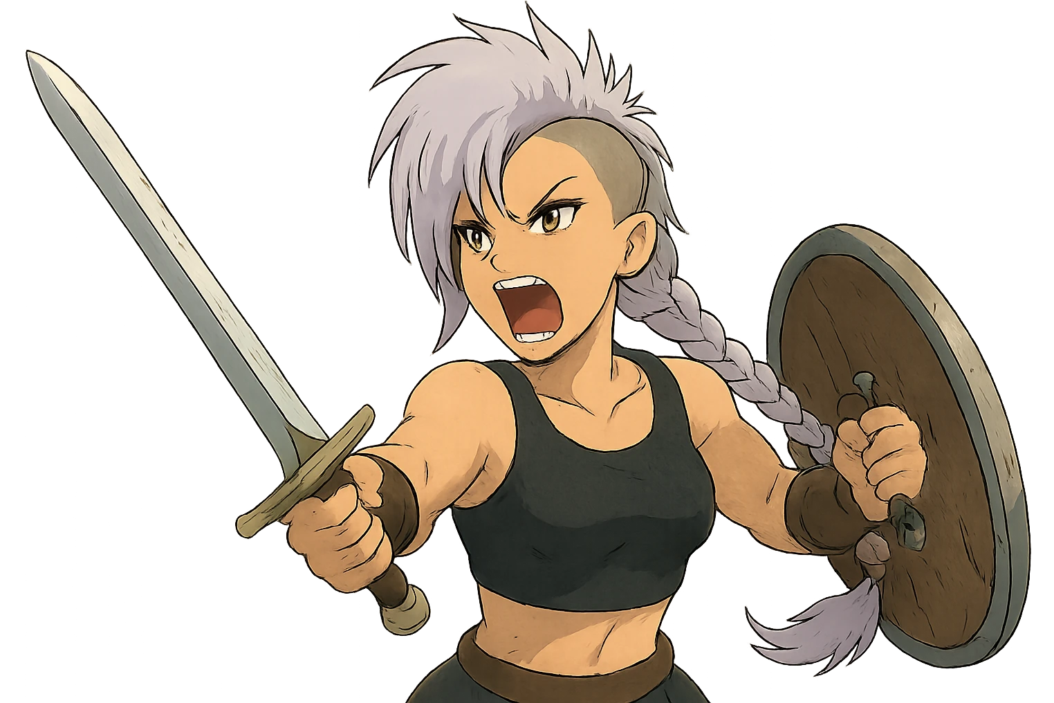 A sword maiden, mohawk, long braid white hair with lavender and tips long messy bangs one side, gold yellow eyes, black crop top, brandishing an arming sword and a shield, roaring! rah! emoji