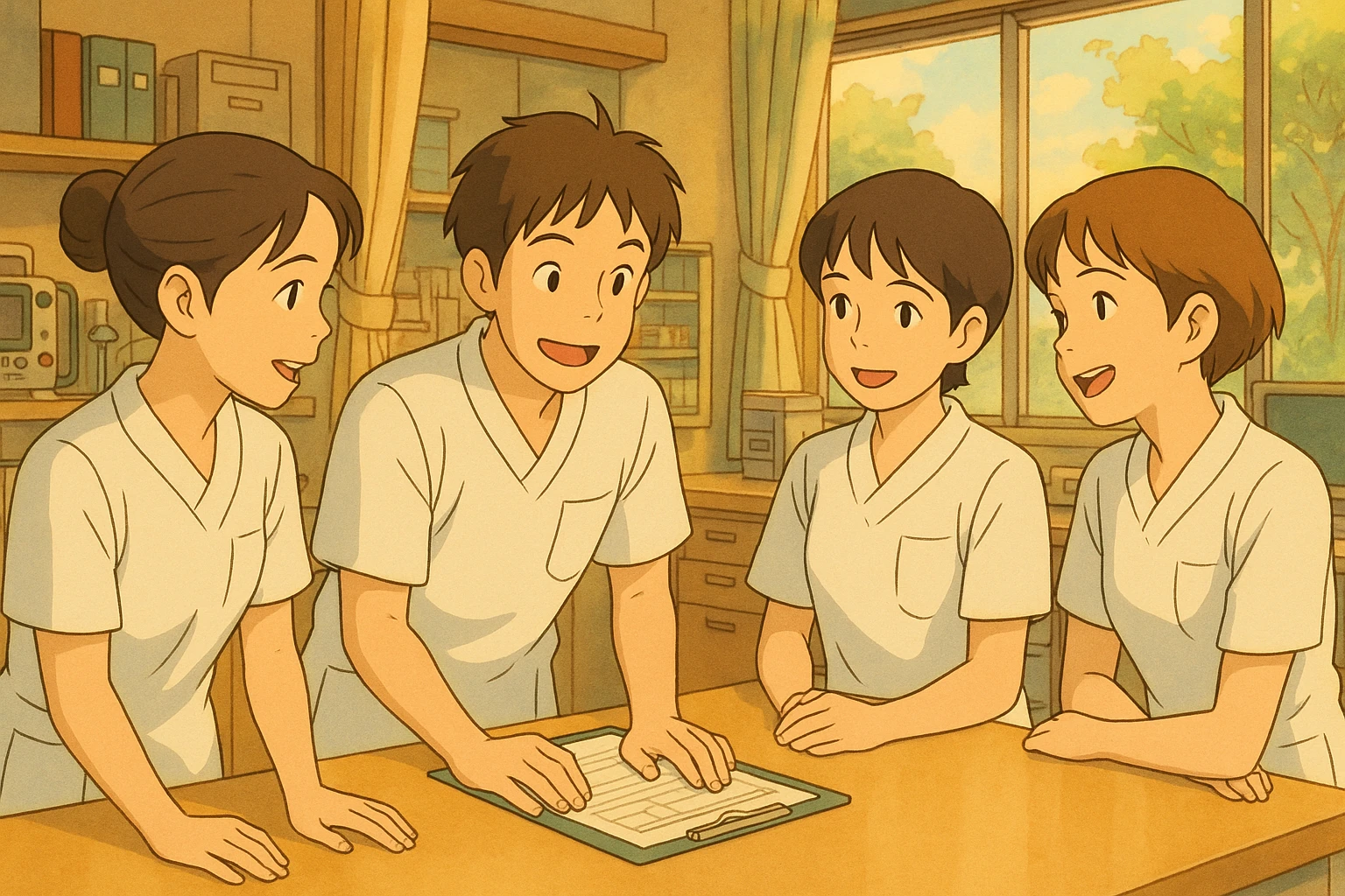 Group of four nursing students modeled after photos, discussing and collaborating at a care station, Ghibli style. White uniforms with V-neck medical tunics, short sleeves, left chest pocket, no classic collar, no stethoscopes, no clothing under sleeves. Warm light and team ambiance. emoji
