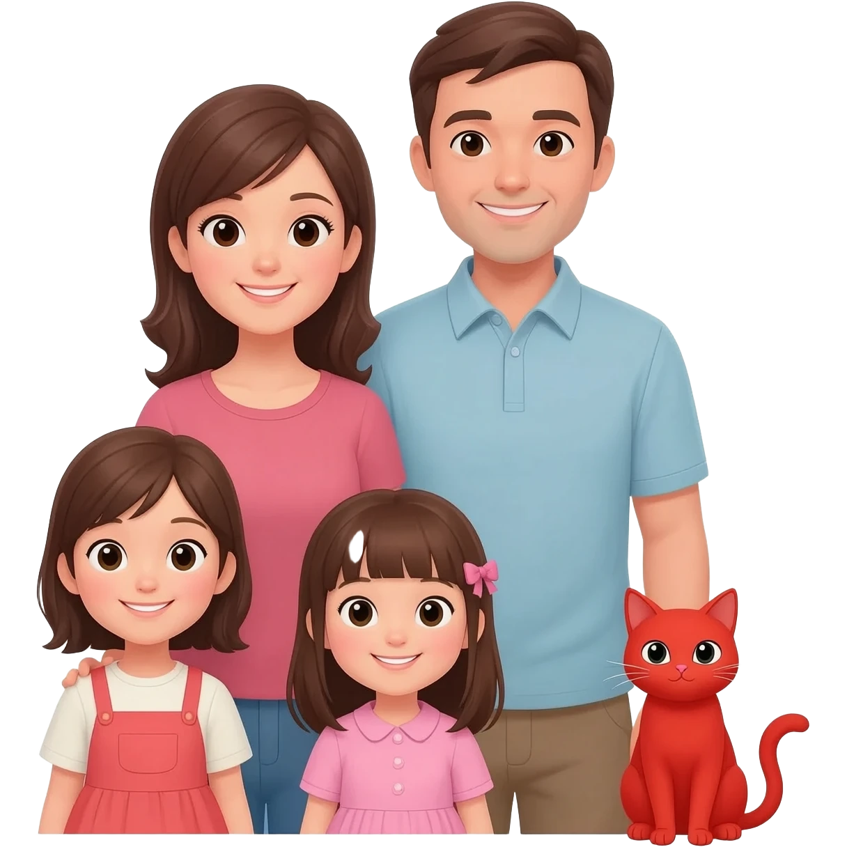 a family of four: parents, two daughters and a red cat emoji