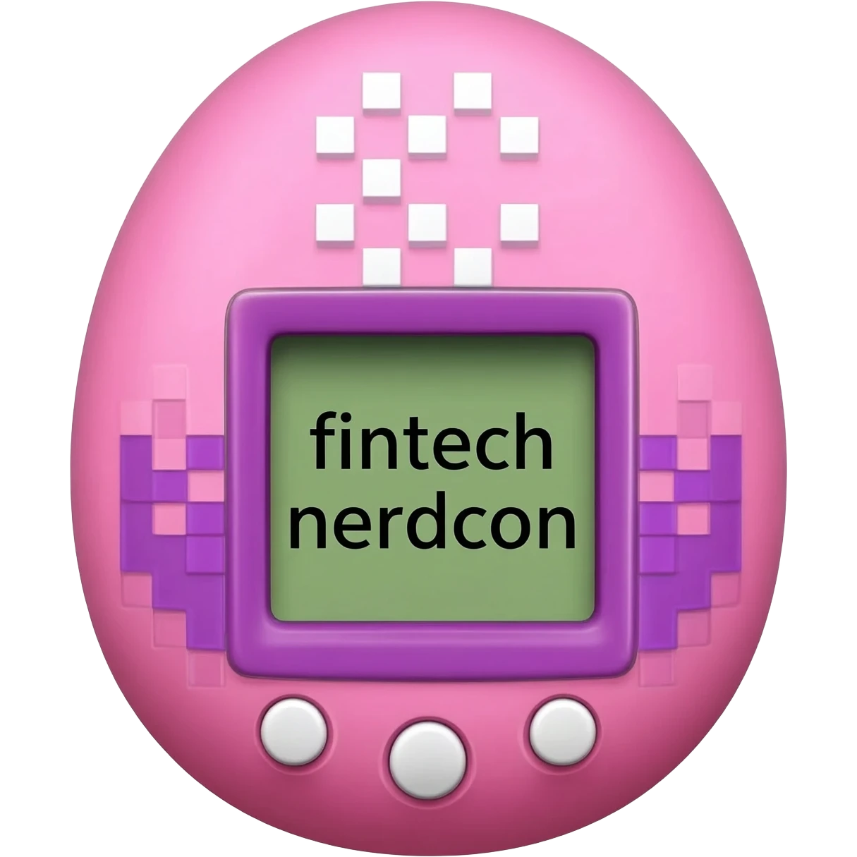 please create me a tamagotchi that syas fintech nerdcon on the screen, and make the style of the tamagotchi round and nerdy and gamer like. GTA style. PINK emoji