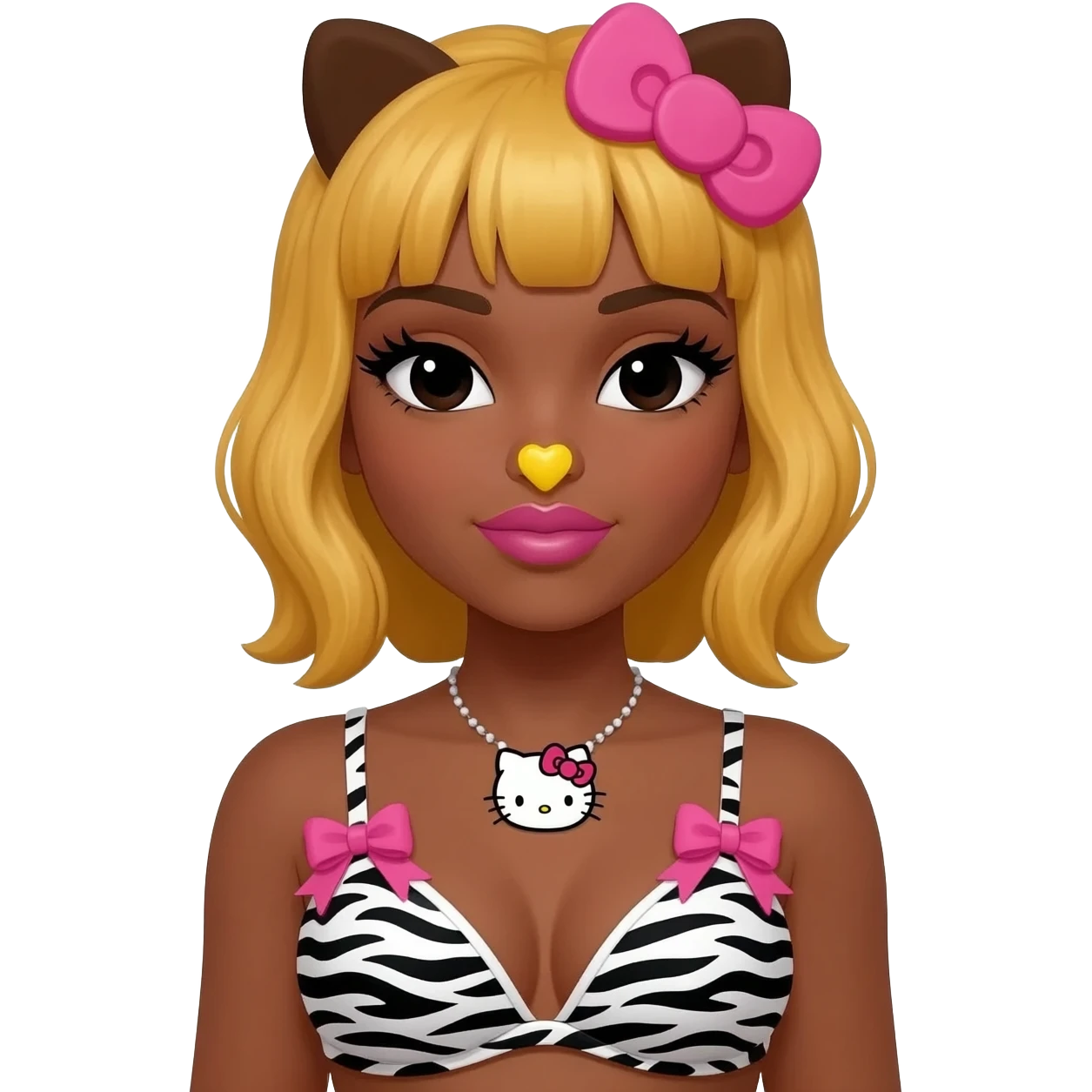 black eyes, cute heart shaped lips, long lashes, bimbo, dark brown skin with honey blonde hair with hello kitty brown ears, with yellow nose, zebra print bra with pink bows, hello kitty necklace emoji