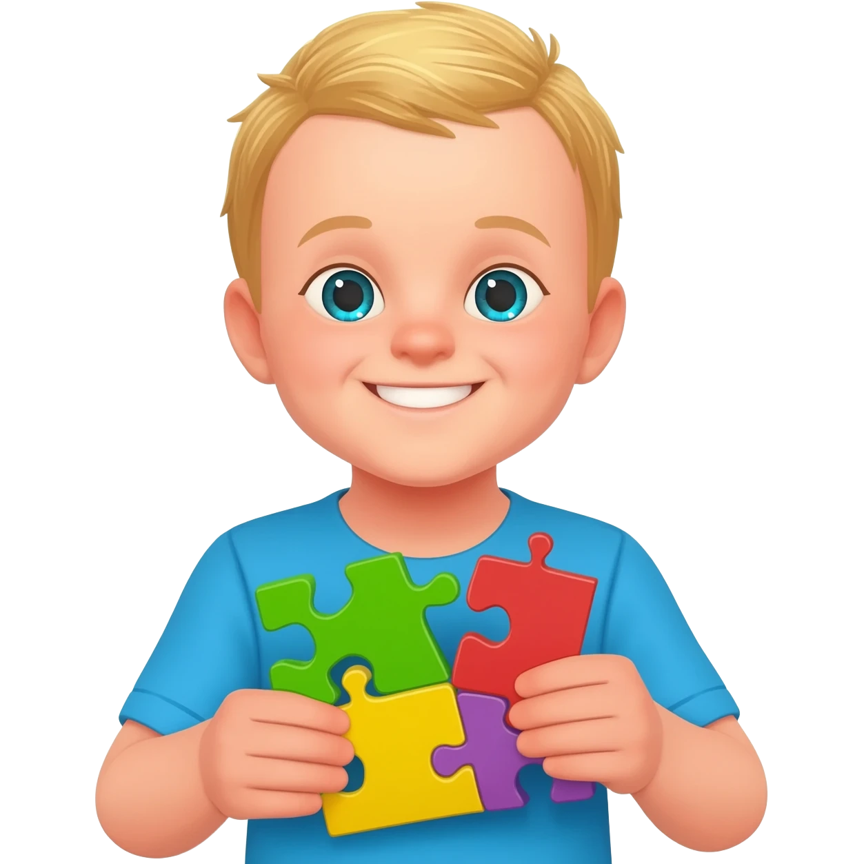 Use the same 3 year old blonde boy with green-blueish eyes as before  happy playing with toys making puzzles emoji