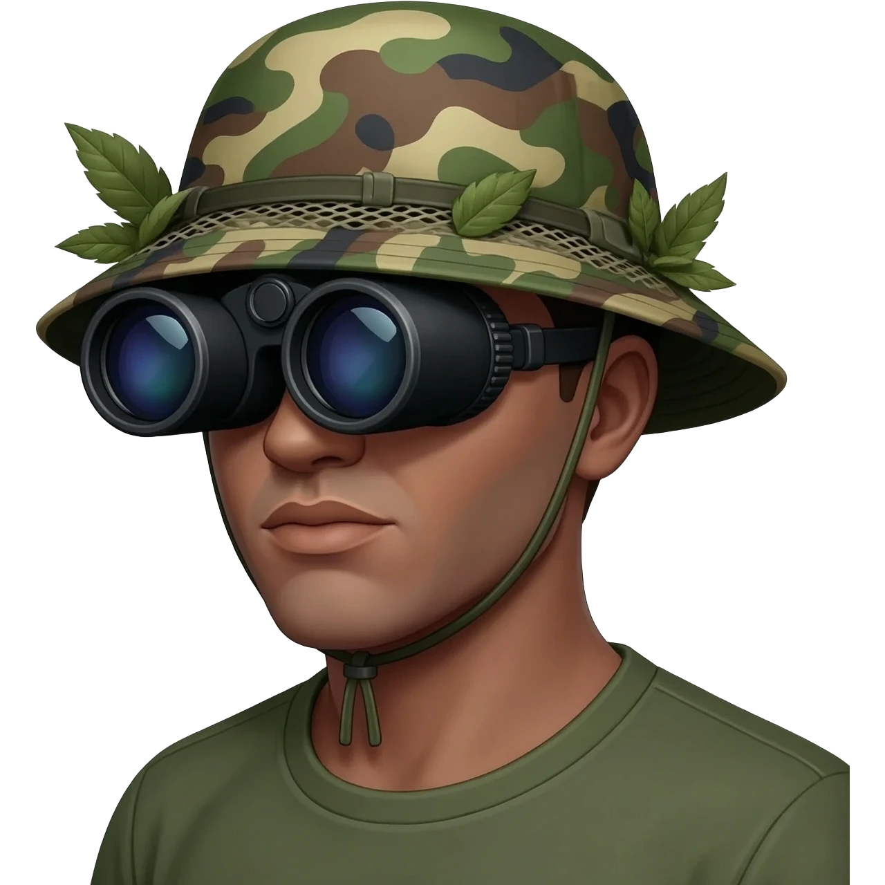 A raven from shoulders up and from 45 degrees, wearing dual tube night vision devices pvs-31 over their eyes, and a camoflage Boonie hat with a few more bits of scrim and leaves attached to the hat emoji
