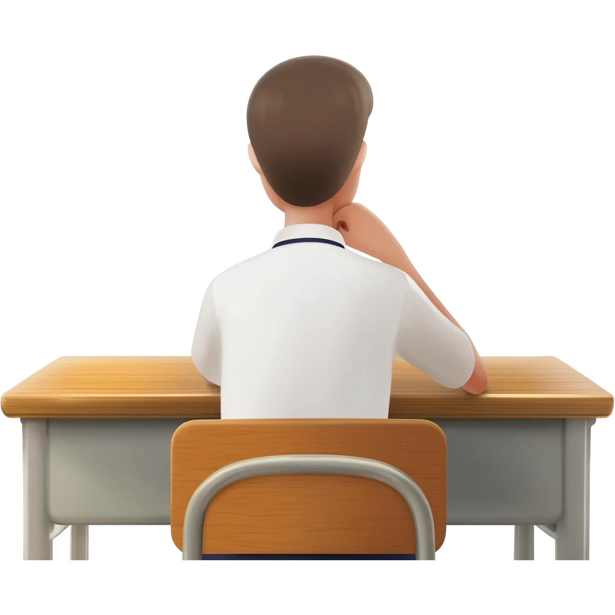 student sitting in classroom back view with one hand on chin emoji