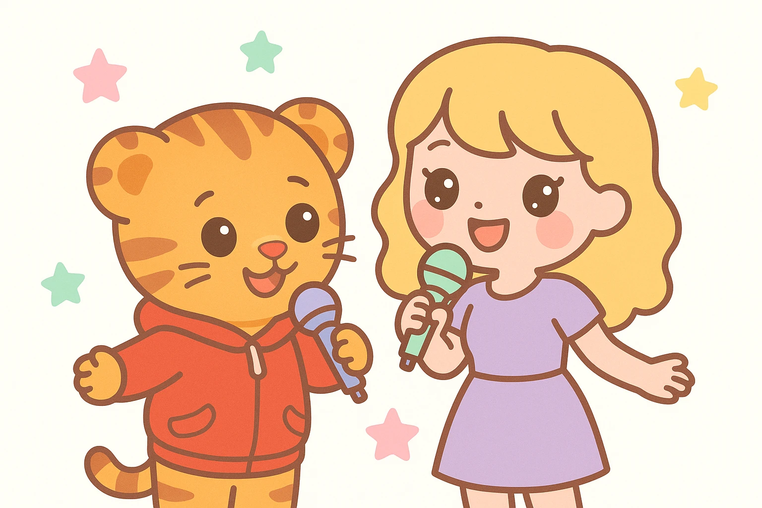 Daniel Tiger and Taylor Swift together, singing, cute kawaii style, bright colors, adorable expressions emoji