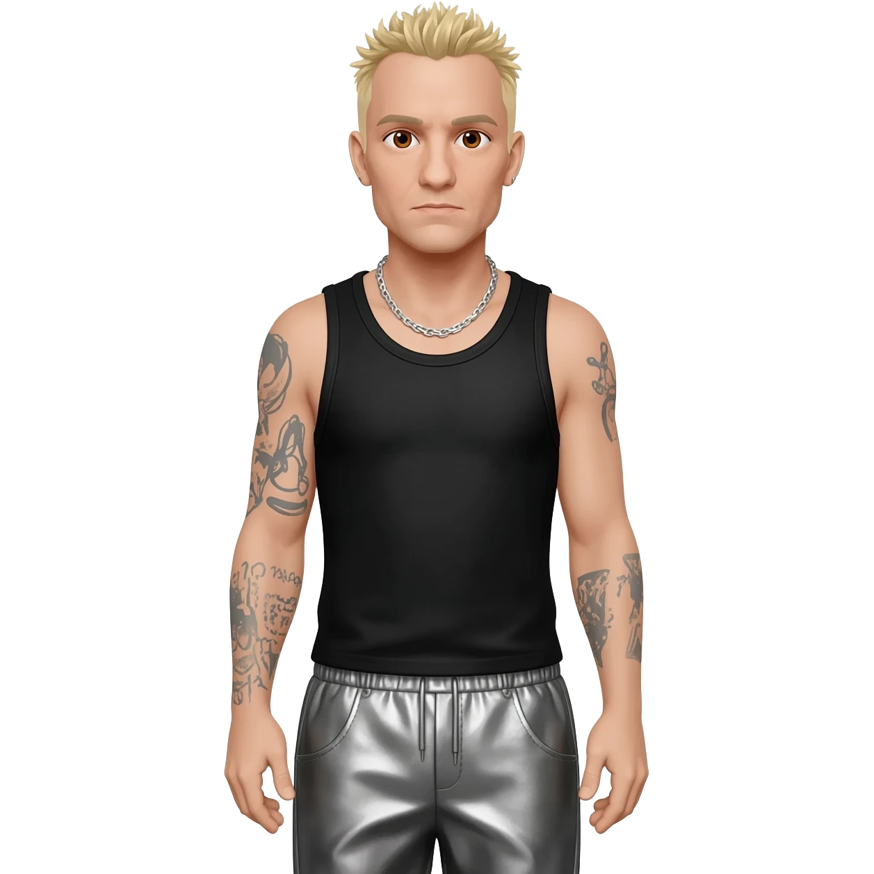 Chester Bennington with brown eyes, blonde hair, black metallic tank top, charcoal metallic baggy pants, silver necklace emoji