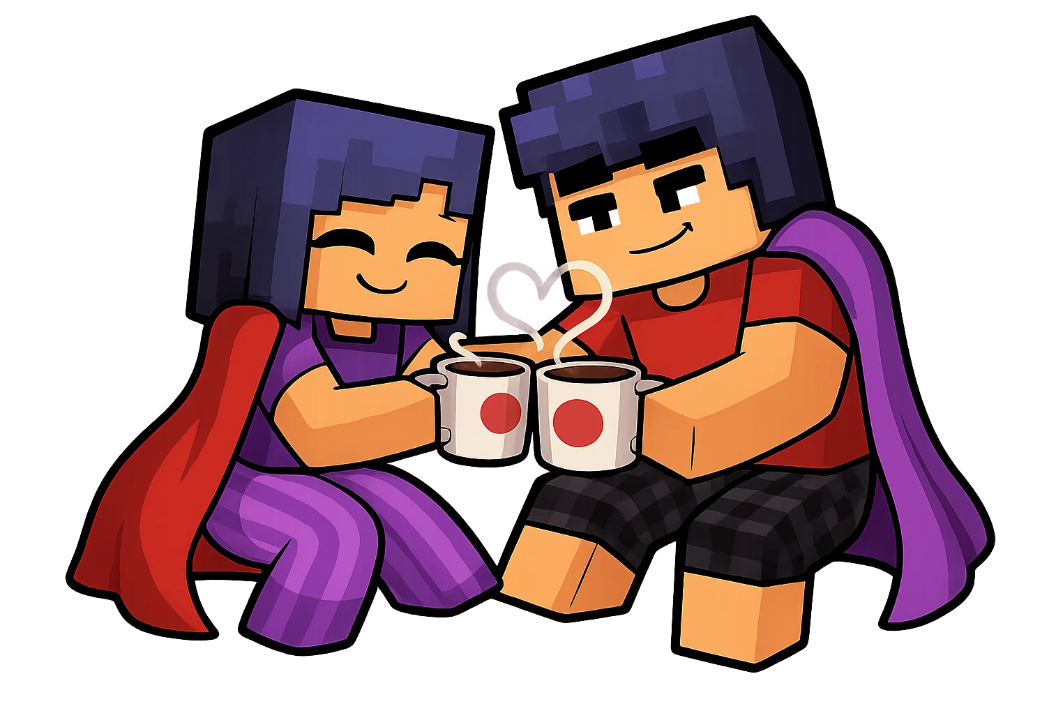 Extract both Minecraft-style characters as a couple, sitting together with their mugs, on a transparent background. Keep the original cartoon style and appearance, preserving the Minecraft pixelated look and colors. emoji