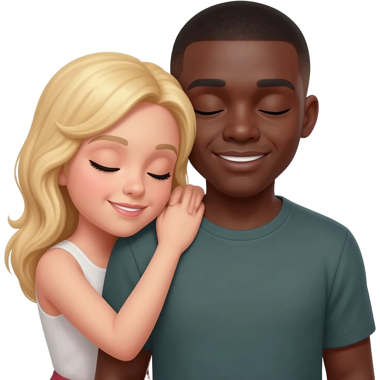 Blonde woman snuggling with Black man with shaved head emoji