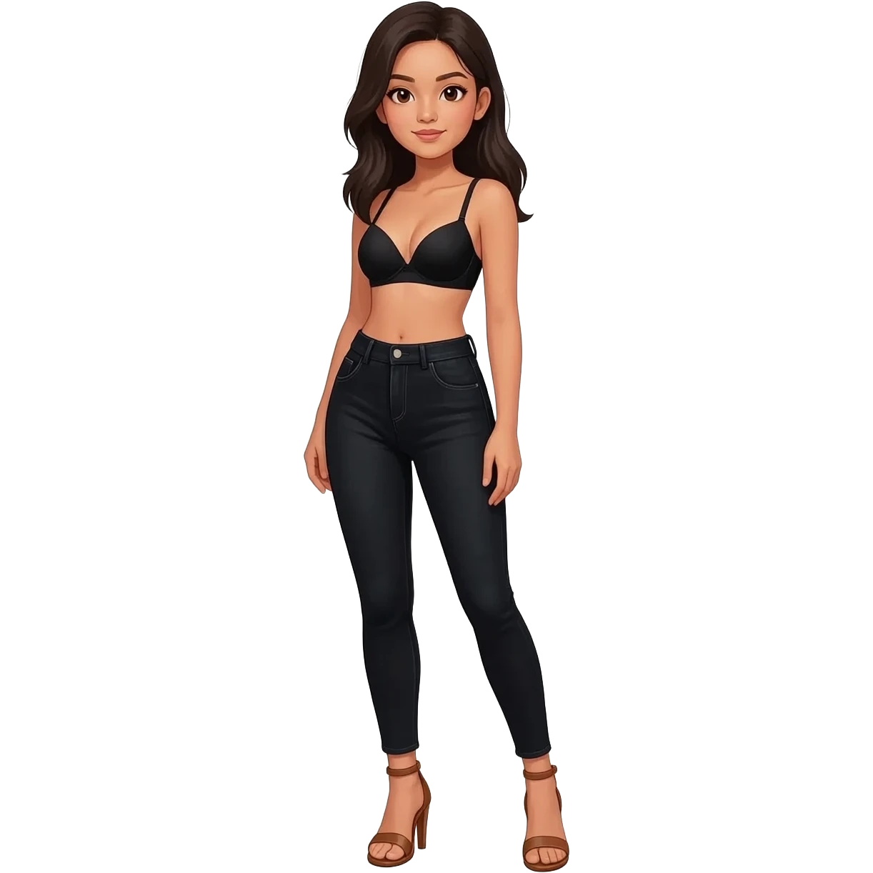 Filipino girl black bra  top and high waisted black jeans  with feet stand straight body wear  high heels sandals brown stand straight emoji