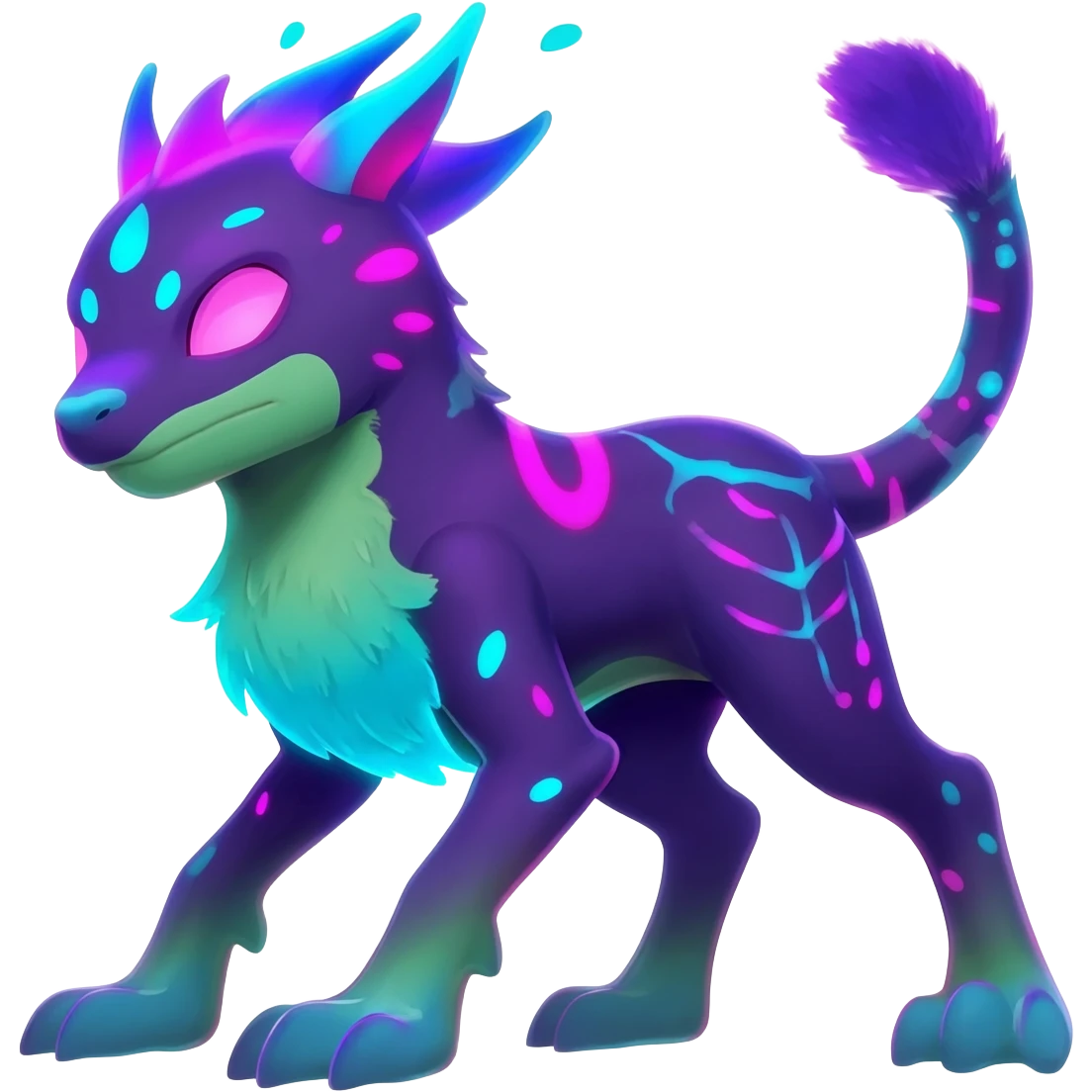 Rare realistic dark-neon glowing bioluminescent edgy badass epic pretty beautiful handsome gorgeous aesthetic colorful vibrant Vernid-Trico-species-Fakemon-creature by LiLaiRa, 4 legs, 1 tail, random markings, (full body) emoji