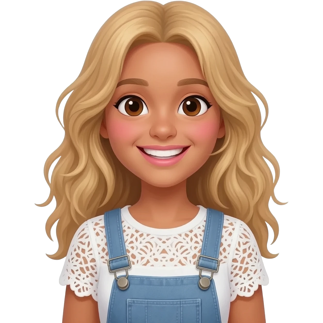 create an emoji of a teenage woman, tanned skin, smile. she looks pure and innocent, extremely long blond messy hair, dark brown eyes, natural pinky blushed lips. she wears a white laced blouse short sleeves and a denim overall emoji