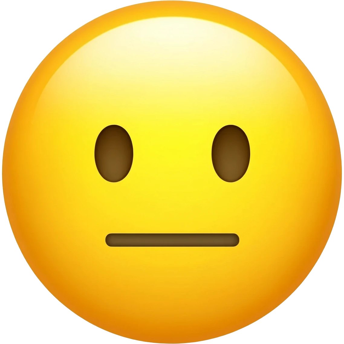 Yellow circle with no eyebrows and nose and the face feeling is neutral and the mouth is neutral its not smiling or frowning it looks like this symbol "—" emoji