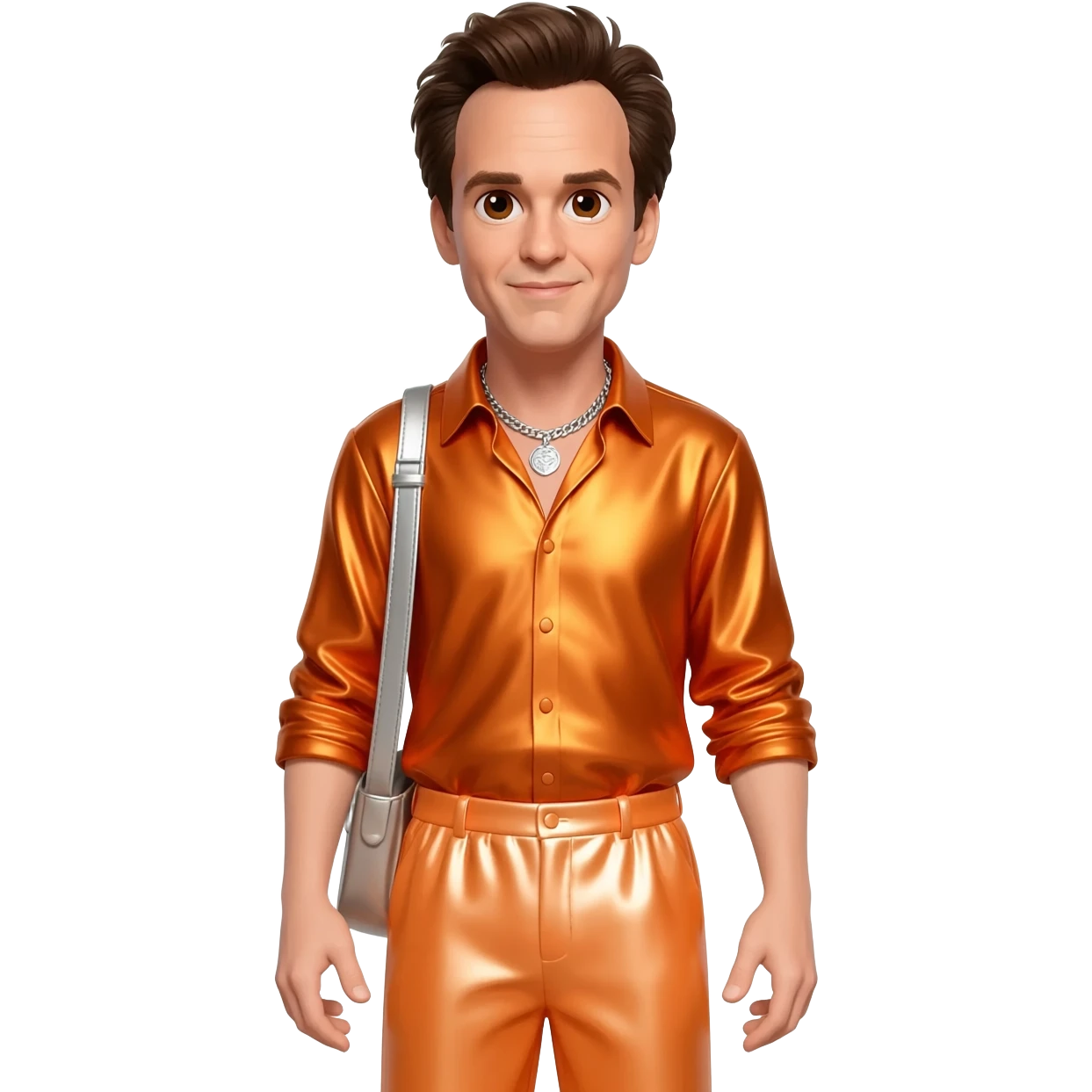 Jim Carrey with brown eyes, dark brown hair, orange metallic shirt, light orange metallic baggy pants, silver necklace emoji