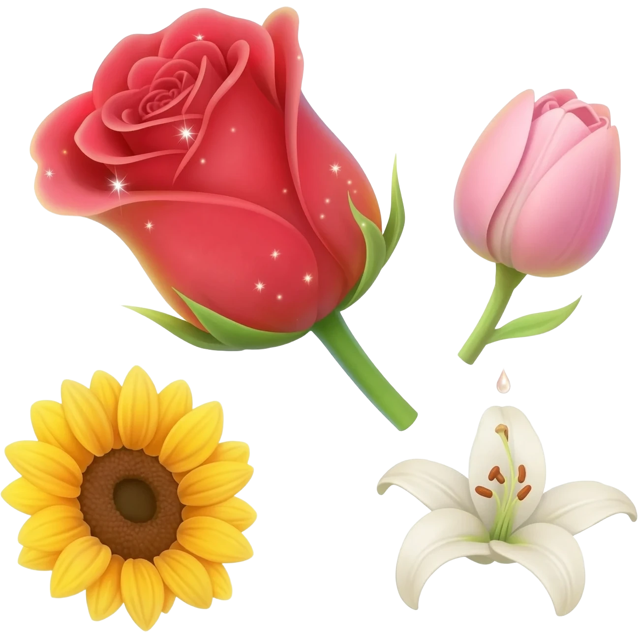1. single red rose floating with sparkles
2. pink tulip with soft glow
3. yellow sunflower spinning slowly
4. small daisy flower drop animation
5. white lily with light particles emoji