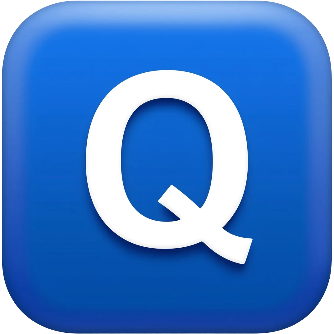 "3D premium,3D rounded-square icon in strong bleu with a beveled edge, bold serif white letter 'Q'centered, strong specular highlights, inner glow, 1024x1024, png" emoji
