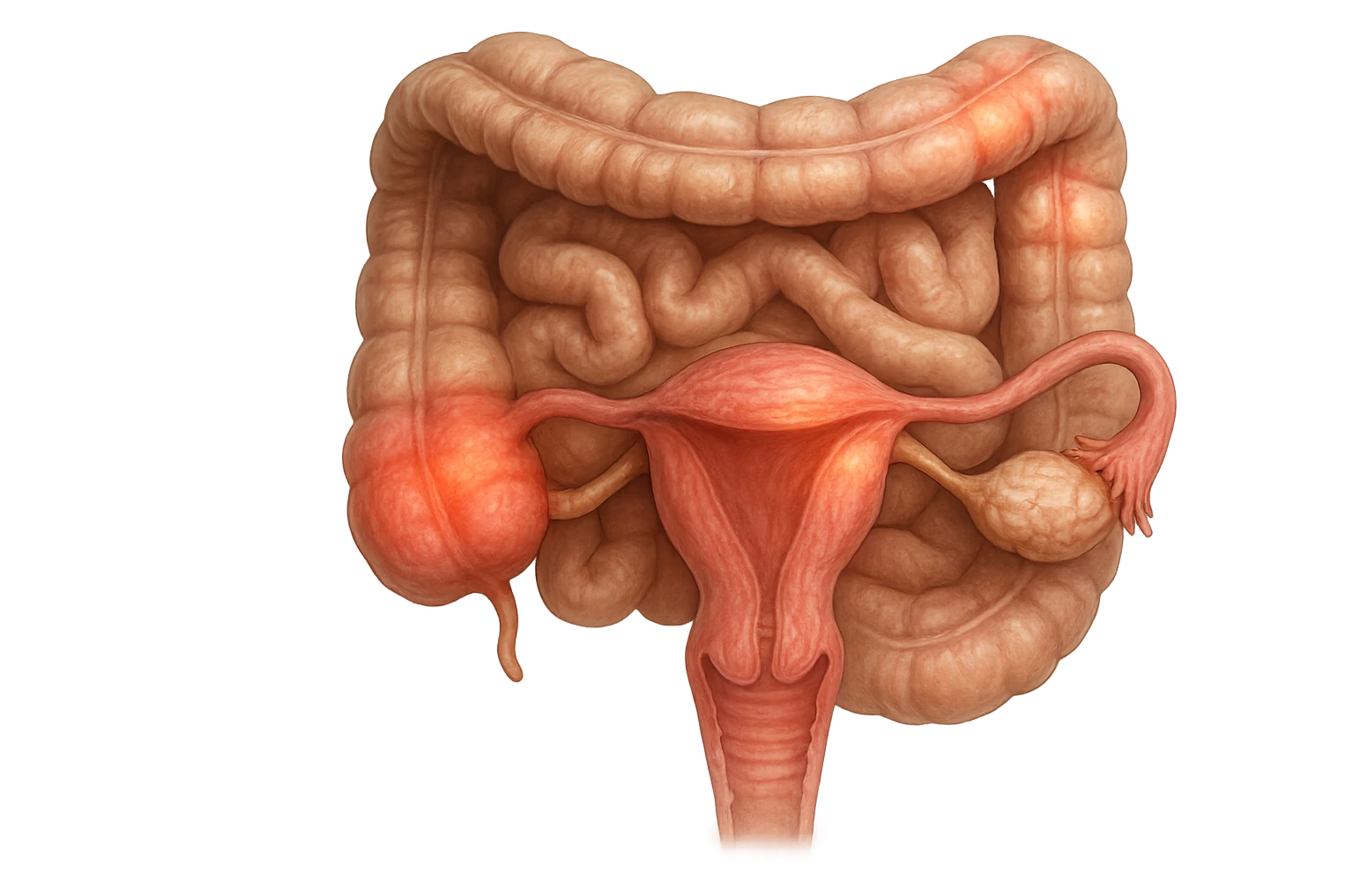 utero umano anatomico iperrealistico e intestino umano anatomico iperrealistico hanno in comune il dolore e l'infiammazione, rendi bene il collegamento tra i due organi doloranti emoji