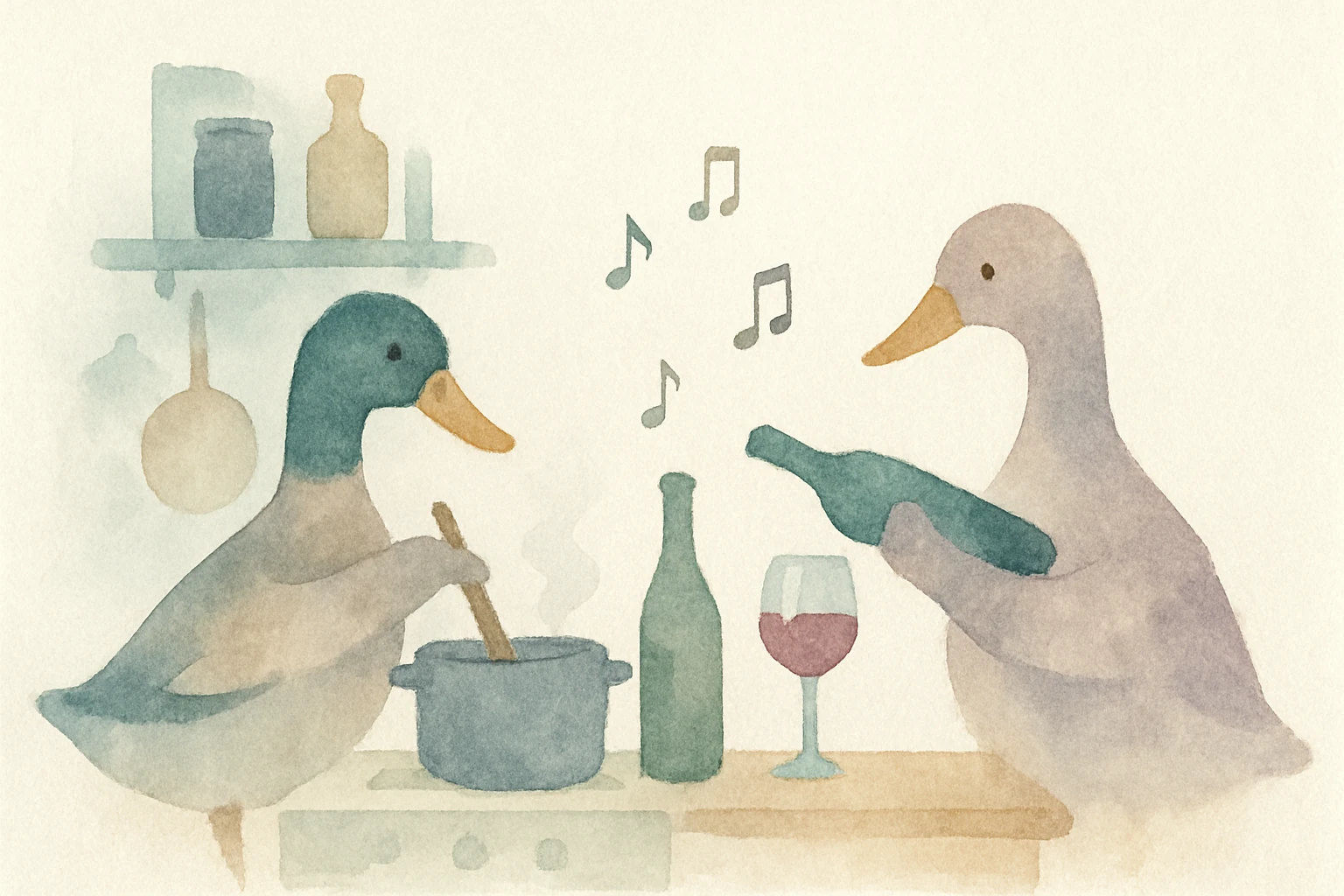 Monet-style impressionist scene, 4:3, two ducks (male and female) in cozy kitchen, one stirring pot, other pouring wine, music notes in air, soft light, painterly textures emoji