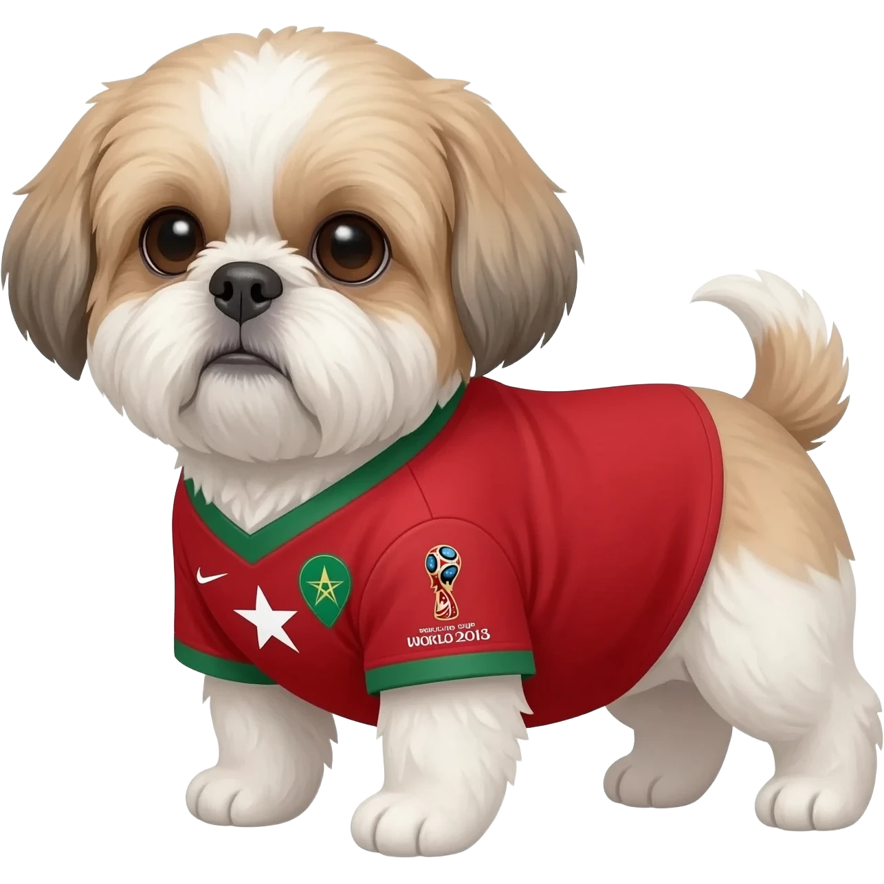 white and light brown shih zhu wearing a morocco soccer jersey v neck 2026 work cup emoji