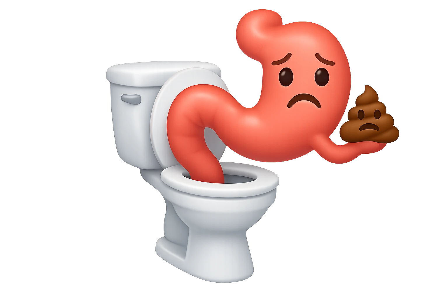 emoji stile iphone di un intestino che esce dal wc con in mano una montagnetta di feci con espressione triste a palline emoji