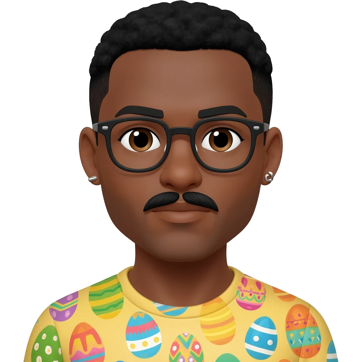 Black man with glasses, mustache,  stud earrings, and Easter eggs emoji