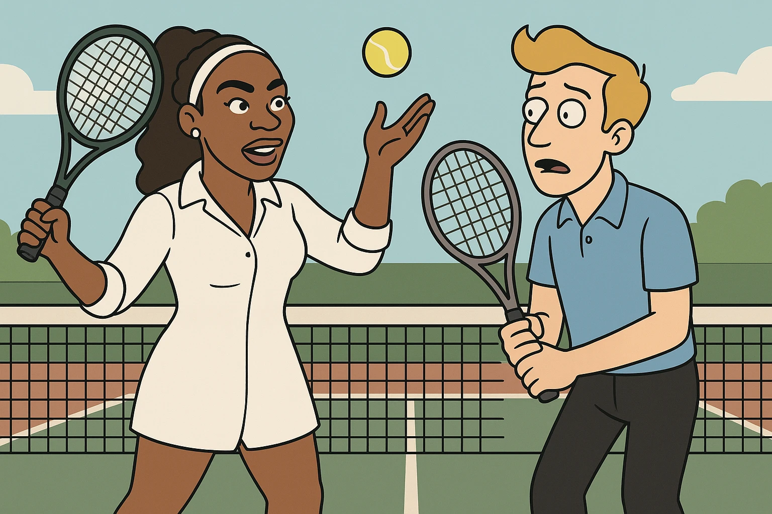 Serena Williams white shirt dress tennis racket one ball tennis a man dark yellow hair blue shirt black trousers tennis racket tennis court background  emoji